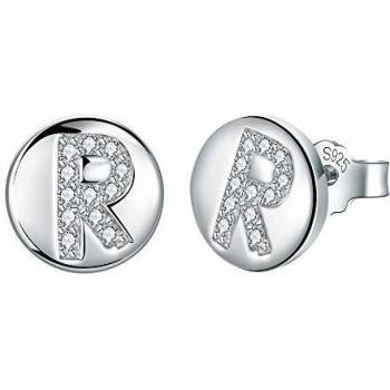 J.Endéar Pendientes Letra inicial R Niñas Mujer Plata de ley 925 con circonita cúbica Disco redondo Joyas, Tamaño pequeño