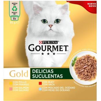 Gourmet Gold Delicias Suculentas Mixtas Multipack Comida Húmeda para Gatos con Pollo, Pescado, Salmón y Buey - 8x85g