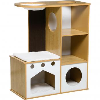Árbol Rascador para Gatos de Madera con 2 Cuevas, Hamaca y Cojines de Felpa 76x37x92,5 cm Roble