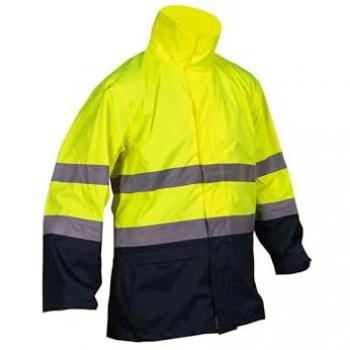 Chaqueta de alta visibilidad impermeable Cofan con cierre de cremallera en color amarillo y azul, disponible en tamaños S, M, L, XL, XXL y XXXL