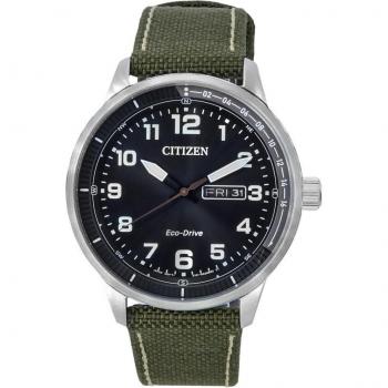 Citizen Urban Eco-Drive Green Nylon Strap Black Dial BM8590-10E 100M Mens Watch