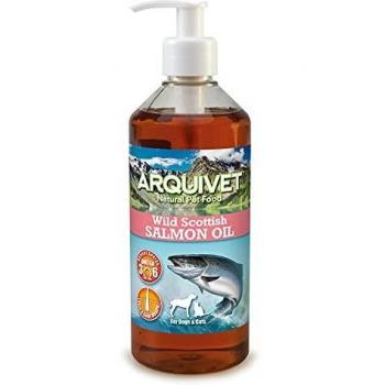 Arquivet Aceite de salmón escocés 500 ml para Perros y Gatos - Alimento complementario - Fuente de Omega 3 y 6 - Vitamina E - Comida para Perros y Gatos
