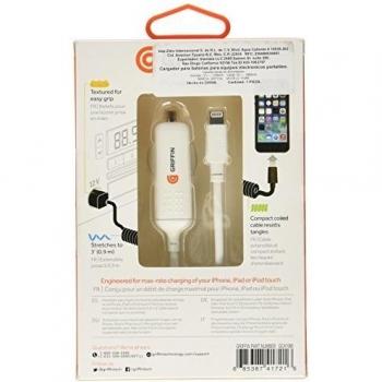 Griffin Cargador PowerJolt 12 V a Apple Lightning Conector 2400 mA espiral 0,90 m Color Blanco/Gris