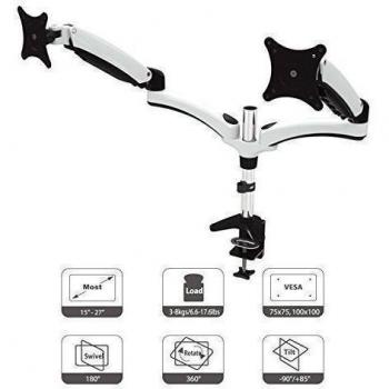 HFTEK® DS124D Blanco Dual Doble Brazo Soporte para 2 Monitor Soporte de Escritorio para Pantalla 15-27 Pulgada con VESA 75/100