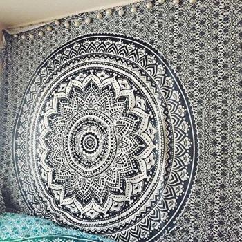 Mágico tapiz, en color negro y gris, decoración para el hogar con diseño de Mandala estilo bohemio, Hippie; lo puedes usar como colgante de pared, colcha. Por Craftozone., Double 240x220 cms