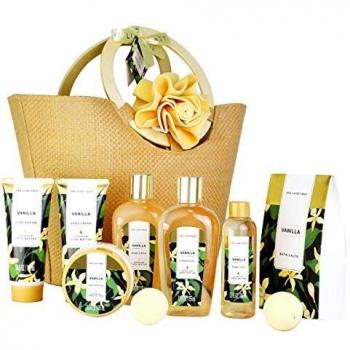 Spa Luxetique Set de Regalo de Baño Con Bolso a Vainilla, Set de Baño y Ducha con 10 Piezas, Set de Spa para Hogar, Incluye Bomba de Baño, Loción Corporal, Crema de Manos, Esponja, Ideal para Mujeres