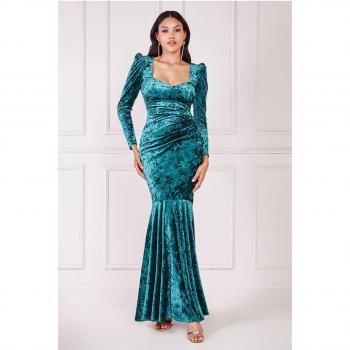 Goddiva Flared Hem Ice Velvet Maxi Dress - Emerald Green