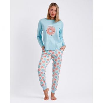 Pijama de mujer manga larga con dibujo frontal en color turquesa