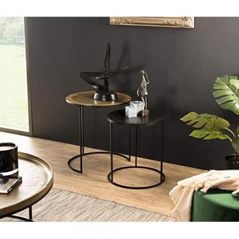 Set de 2 mesas auxiliares apilables redondas de aluminio dorado y negro con patas de metal negro D48