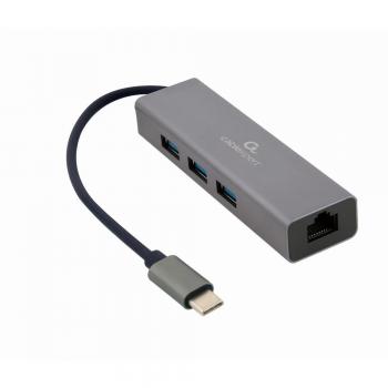 Gembird A-CMU3-LAN-01 Adaptador de Red Gigabit USB-C con Concentrador USB 3.2 Gen 1 (3.1 Gen 1) Type-C de 3 Puertos Gris