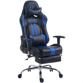 Silla de oficina gaming con mecanismo mecedor y reposapiés extensible en PVC negro/azul