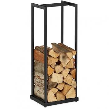 Leñero Alto de Metal Negro, Soporte para Secar Troncos, Estantería para Chimenea y Estufa, 95x37x30 cm, Acero