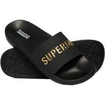 Chanclas veganas Superdry para hombre con logo negro, modelo Logo Pool en color negro dorado, talla 46/47