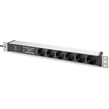 Digitus DN-95432 PDU Power Strip 19 Rack con 6 salidas unischuko, cable de 2.0m, 1 enchufe unischuko, capacidad de 16A, protección contra sobretensiones y