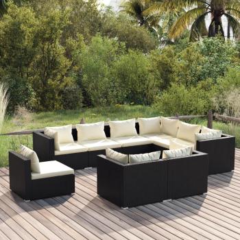 Set de muebles de jardín 9 pzas con cojines de ratán sintético negro