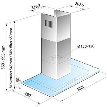 Campana de pared decorativa Beko HCB 91731 BXH - 90 cm, Acero Inoxidable, 730 m³/h, 64 dB