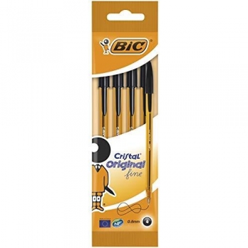 BIC Cristal Original Fine - Bolígrafos de Punta Fina 0.8 mm, Pack de 4 Unidades, Color Negro