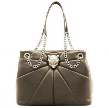 Plein Sport Beige Polyethylene Handbag, Tote Bag, female, Size: ONE SIZE, Gold Chain Tiger Bezel Tote