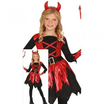Disfraz de Diablesa Brillante para Niña con Diadema y Vestido Rojo - Ideal para Halloween (3 a 4 Años)