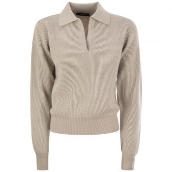 Fabiana Filippi Women's Light Beige Ribbed Knit Polo T-Shirt - Size 44