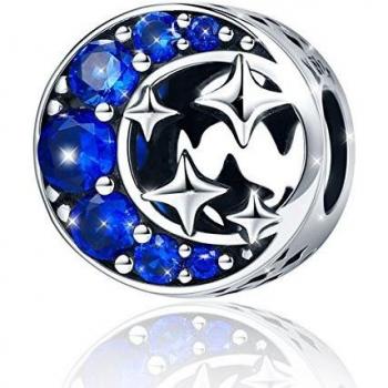 Abalorio De Mujer De Plata De Ley De 925 Estrella Lunar Charm Con Azul Zirconia Compatible Con Pulseras