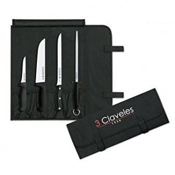 3 Claveles Set Cocina-Cuchillo Carnicero, Deshuesador y Jamonero + Chaira + Maletín Portacuchillos con Capacidad para 6 Piezas