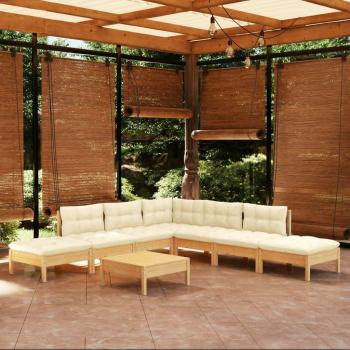 8-Piece Pinewood Garden Lounge Set with Cream Cushions