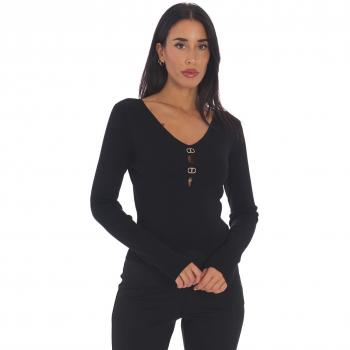 Twinset V-Neck Knit Top with Drop Openings, Black, Size L