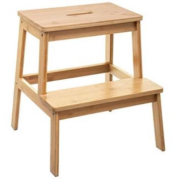 Escalera de Bambú 2 Peldaños Estilo Nórdico - Taburete de Cocina y Baño - 43 x 43 x 47 cm - Fácil Montaje