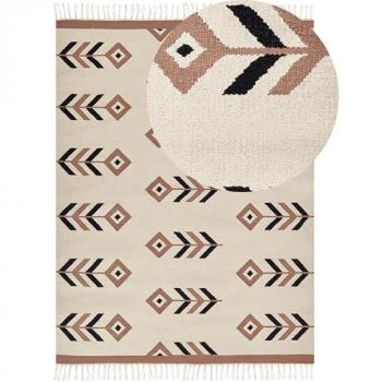 Alfombra Kilim de Algodón Beige y Negro 160 x 230 cm Reversible de Bajo Pelo