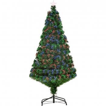 HOMCOM Árbol de Navidad Artificial 150cm Abeto con Soporte Fibra Óptica LED Multicolor Ignífugo Hierro PVC Verde 60x150cm