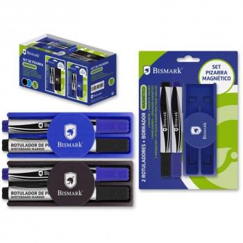 Bismark Pack de 2 Rotuladores para Pizarra + Borrador Magnético - Ideal para Uso en Oficinas y Aulas - Color Surtido