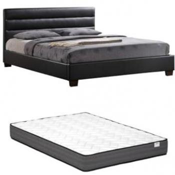 Cama 140 x 190 cm - Símil Piel Negra + Colchón - FAUSTIN
