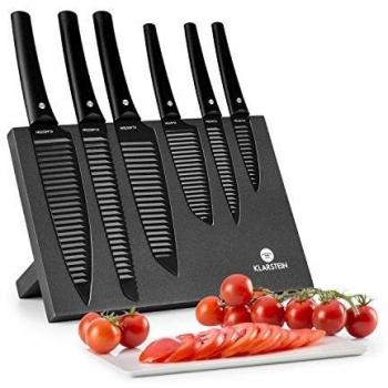 Set de cuchillos Kissaki con bloque magnético, revestimiento antiadherente y diseño ondulado, 7 piezas en color negro