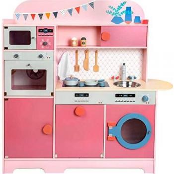 Cocina de Juguete Rosa Gourmet Multifuncional de Madera con Accesorios para Niños a Partir de 3 Años