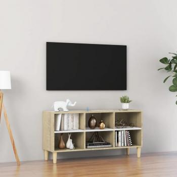 vidaXL Mueble de TV patas madera maciza 103,5x30x50 cm, Mueble de salón, Mueble TV, Mueble televisor, Mesa de TV en color blanco y roble sonoma