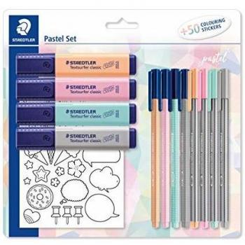 Conjunto de Canetas y Marcadores Pastel STAEDTLER 12 Piezas con Stickers para Colorear
