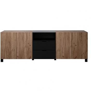 Aparador Kendo 4 puertas, 2 cajones y 1 nicho L227 cm en Madera de Ingeniería Roble/Negro