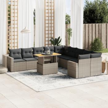 11-Piece Grey Poly Rattan Garden Sofa Set with Cushions