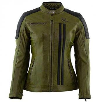 Chaqueta de Moto Rusty Stitches Alice Verde-Negro para Mujer, Cuero, Talla 40