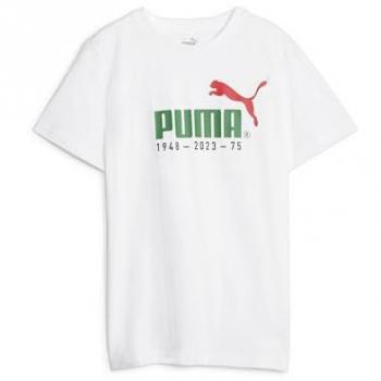 Camiseta deportiva Puma No.1 Logo Celebration blanca con detalles en verde, manga corta, modelo infantil, referencia 676825-02