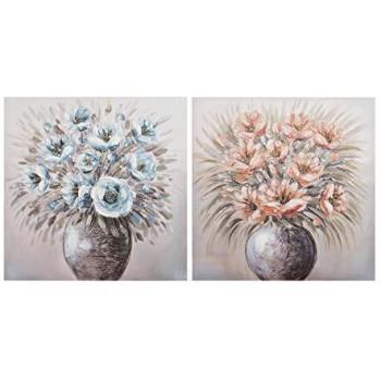 Set de 2 Lienzos Decorativos Jarrones con Flores Pintados a Mano 60x2x60cm