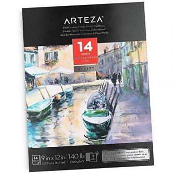 Arteza Bloc de papel acuarela de doble cara, 14 hojas de 300 gramos, tamaño 22,9 x 30,5 cm, 100% algodón, prensado en frío y sin ácido, cuaderno para acuarela y técnicas mixtas