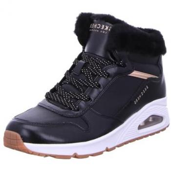 Botas Skechers Uno Cozy On Air negras y oro rosa con aire acondicionado, memory foam, muy cómodas y calentitas, con cremallera lateral