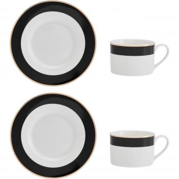 Mikasa Luxe Deco Juego de Taza y Platillo de Té en Porcelana, 2x Tazas de Té y Platillos con Diseño de Rayas, Capacidad de 200ml - Presentación en Caja de Regalo y