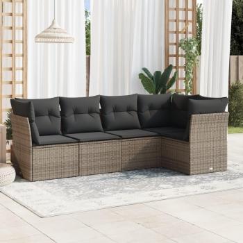 5-Piece Grey Poly Rattan Garden Sofa Set with Cushions
