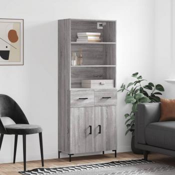 Aparador alto de madera contrachapada gris sonoma 69,5x34x180 cm con 2 puertas y 2 cajones, mueble de almacenaje moderno para salón