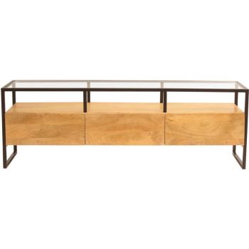 Mueble TV rectangular de 150 cm con almacenamiento en madera maciza de mango, cristal y metal negro DIYA