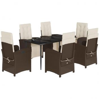 7-Piece Brown Poly Rattan Garden Dining Set with Cushions