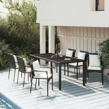 7-Piece Black Poly Rattan Garden Dining Set with Cushions
